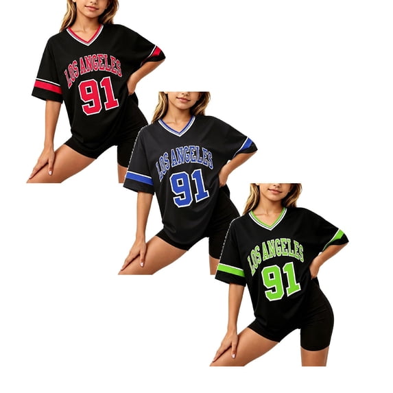 XEGLSBU 3 Pack Girls T-shirts Nubmer Printing Loose Fit Kids Breathable Short Sleeve Tops for Casual Daily Wear and Sports Size 11-12 Years