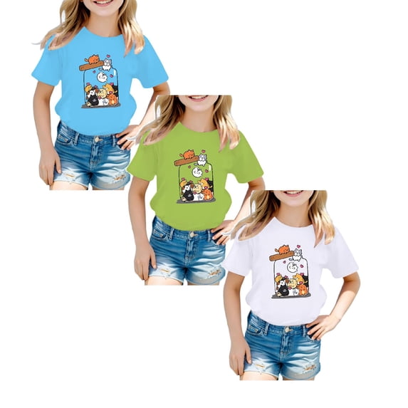 XEGLSBU 3 Pack Kids Girls Cute Graphic Print Summer Round Neck Short Sleeve Tee Casual T-Shirt (Size 8-9 Years)