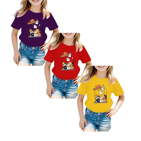 XEGLSBU 3 Pack Kids Girls Cute Graphic Print Summer Round Neck Short Sleeve Tee Casual T-Shirt (Size 9-10 Years)