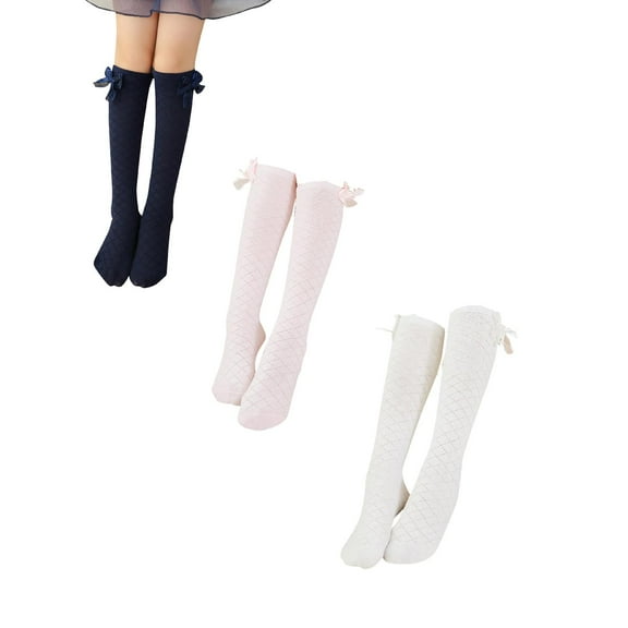XEGLSBU 3 pack Girls Socks 10-12 Years Old Ankle Children's Socks Mesh Combed Cotton Bow Mesh Children's Mid Tube Socks Knee High Stockings Girls Socks Size 2 Shoe Size 42