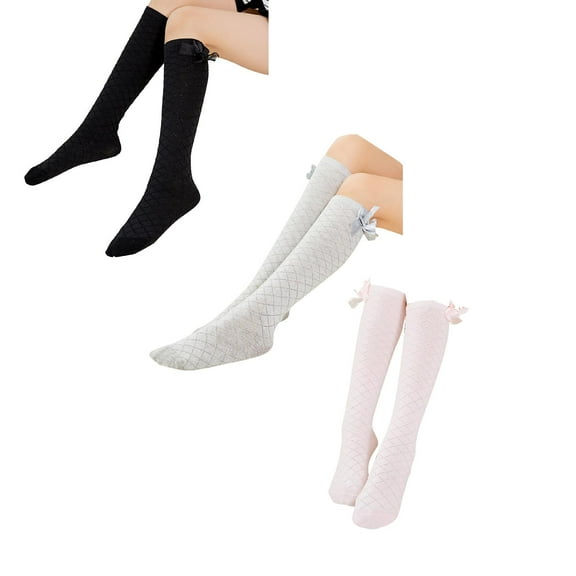 XEGLSBU 3 pack Girls Socks 10-12 Years Old White Children's Socks Mesh Combed Cotton Bow Mesh Children's Mid Tube Socks Knee High Stockings Girls Socks 5-6 Years Old Size 35