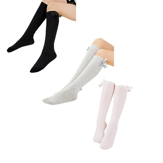 XEGLSBU 3 pack Girls Socks 10-12 Years Old White Children's Socks Mesh Combed Cotton Bow Mesh Children's Mid Tube Socks Knee High Stockings Girls Socks 5-6 Years Old Size 35