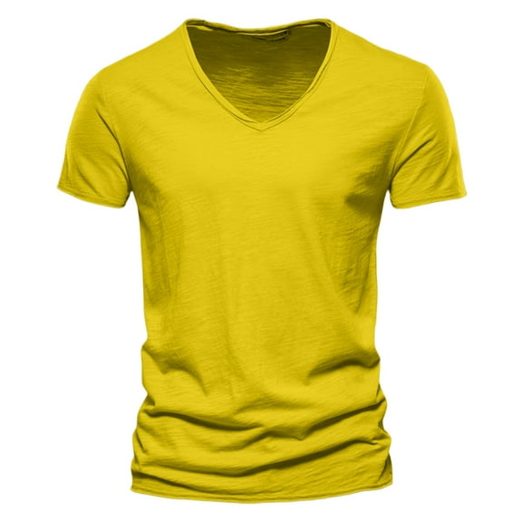 XEGLSBU 3Xlt Short Sleeve Shirts for Men Big and Tall Men's Casual V Neck T Shirts Loose Fit Comfortable Stretchy Solid Color Summer Tee for Daily Wear Men's Shirts Cotton Linen Yellow Size XXXXXL