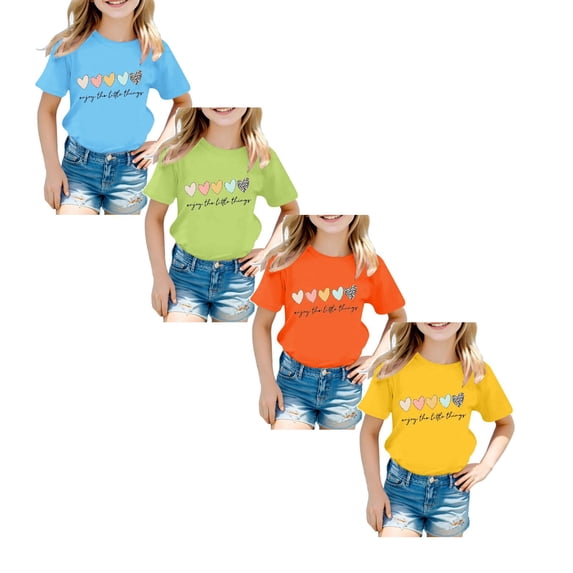 XEGLSBU 4 Pack Girls Shirts with Letter and Heart Printing Round Neck Short Sleeve Tee Summer Casual T Shirt (Size 7-8 Years)