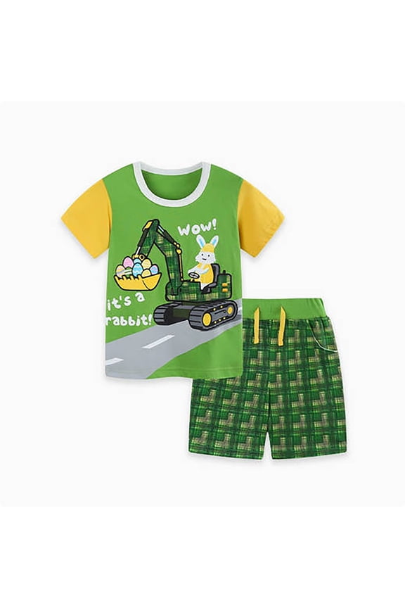 Baby Boy Easter Outfit 12-18 Months Boys Summer Outfit Short Sleeve Shirt and Shorts Two Piece with Excavator Print (Green Size 6-7 Years)
