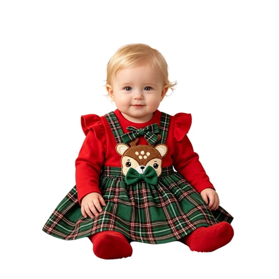 XEGLSBU Baby Girls Dresses Christmas Plaid Suspender Skirt with Deer Applique Long Sleeve Top 2-Piece Dress Outfit Green Size 0-3 Months