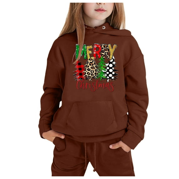XEGLSBU Back to School Christmas Outfits for Girls 12-14 Christmas Reindeer Girls' Hoodie Set Children's 2pcs Set Children's Long Sleeve Hoodie and Sweatpants A-Brown Size 12-13 Years
