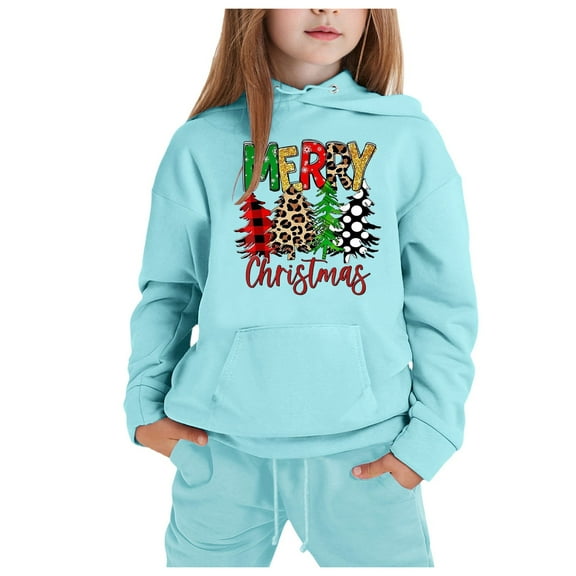 XEGLSBU Back to School Christmas Outfits for Girls 12-14 Christmas Reindeer Girls' Hoodie Set Children's 2pcs Set Children's Long Sleeve Hoodie and Sweatpants A-Light Blue Size 2-3 Years