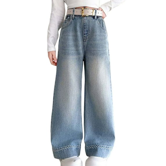 XEGLSBU Baggy Jeans for Girls 14-16 Girls Fashion Cute Personality Pants Elastic Waist Wide Leg Jeans Casual Demin Pants with Pockets Blue Size 5-6 Years