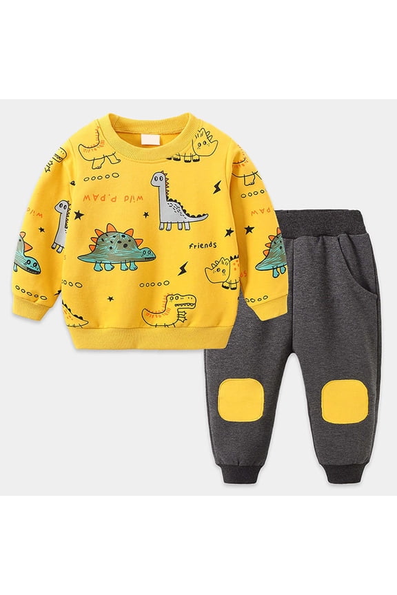Boy Outfits Summer Boys Tracksuit Casual Long Sleeve Animal Print Outfit Comfortable Kids Sportswear Two Piece Jumpsuit for Toddler Playwear Yellow Size 5-6 Years