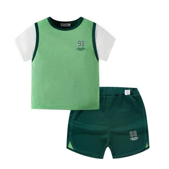 XEGLSBU Boy's Outfits Sports Sets Short Sleeve T-Shirt and Mesh Shorts Outfit Set Toddler to Big Boys D-Green Size 7-8 Years