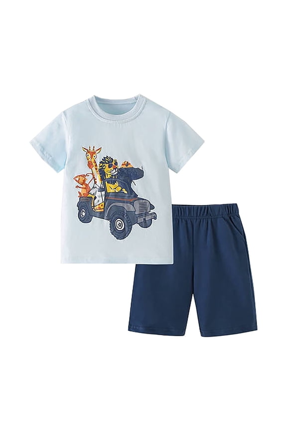 Boys Easter Outfit Boys Summer Casual Outfits Short Sleeve Two Piece with Cute Animal Print Comfort Playwear for Kids (Navy Size 7-8 Years)