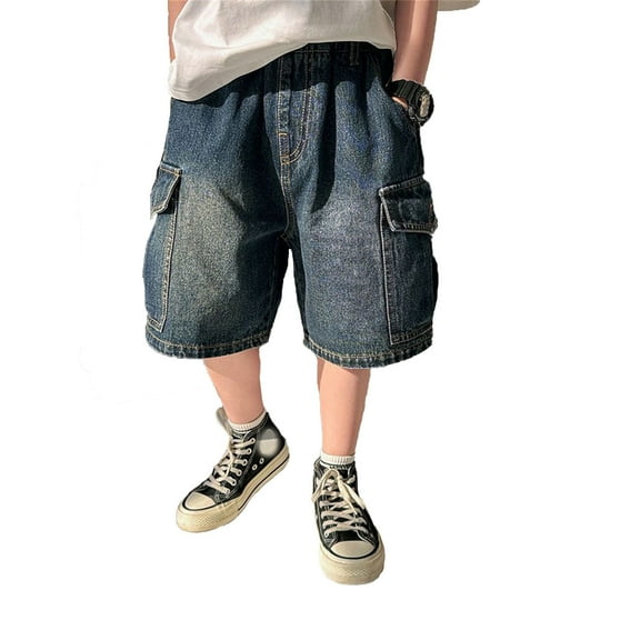 XEGLSBU Boys Jeans Size 6 Pull on Boy's Elastic Waist Wide Leg Casual Loose Sev En Eighths Jeans with Pockets Blue-a Size 9-10 Years