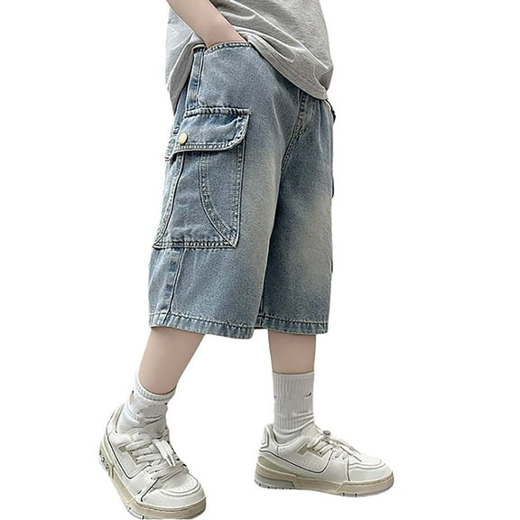 XEGLSBU Boys Jeans Size 6 Pull on Boy's Elastic Waist Wide Leg Casual Loose Sev En Eighths Jeans with Pockets Light Blue-d Size 5-6 Years