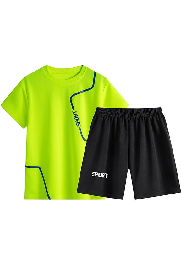 Boys Summer Outfits Sports Sets Short Sleeve T-Shirt and Shorts Solid Clothing Sets Size 3-12 Years Green Size 7-8 Years