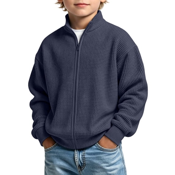 XEGLSBU Boys Zip Sweatshirt with Classic Knit Solid Color Jacket without Hood Comfort Soft Daily Wear Autumn Winter Navy Size 5-6 Years