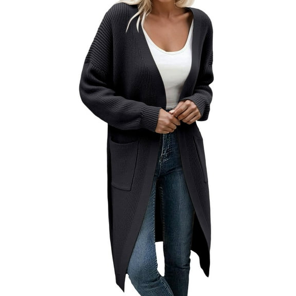 XEGLSBU Cardigan Sweaters for Women Plus Size Short Knit Cardigan Sweater Outerwear Soft Comfortable Open Front Long Sleeve Pocket Coat Fall Winter Fashion Black Size L