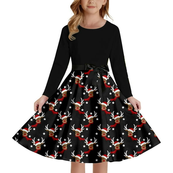 XEGLSBU Christmas Dresses for Girls 10-12 Black Style Girls Print Party Dress with Lace up Front Long Sleeves and Back Elastic Zipper for Holiday Festive Pageant Gown Black Size 5-6 Years