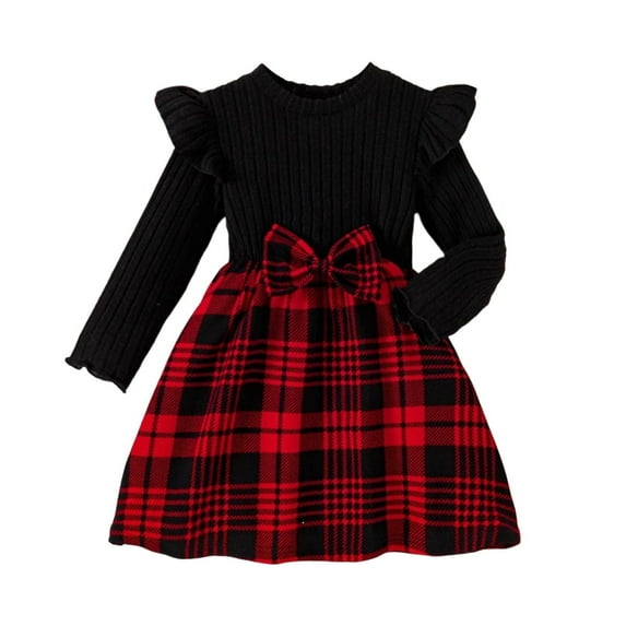 XEGLSBU Christmas Dresses for Girls 7T Girls Long Sleeve Round Neck Bow Tie Plaid Print Party Casual Dress for Holiday Festive Occasions and Special Events Red Size 4-5 Years