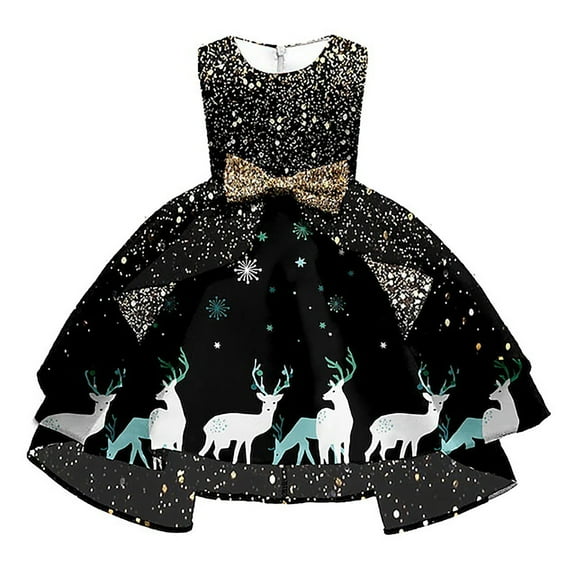 XEGLSBU Christmas Flower Girl Dress Long Sleeve Girls Christmas Dress Sleeveless Santa Snowman Christmas Party Prom Formal Gowns Toddler Festival Outits Black Size 8-9 Years