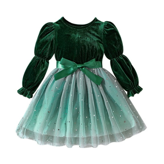 XEGLSBU Christmas Flower Girl Dress Long Toddler Children Girls Christmas Long Sleeve Bowknot Star Prints Dresses Dress Clothes Green-5 Size 4-5 Years