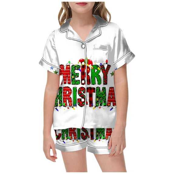 XEGLSBU Christmas Pajamas for Girls 8-10 Girls' Christmas Printed Pajamas Short Sleeved Button Top Shorts Home Pajamas Set Girls Pajamas Sets Size 14-16 c-Light Green Size 12-13 Years