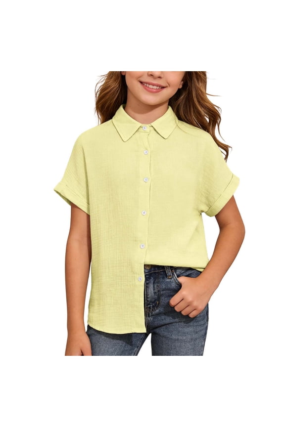Classic Button Down Shirt for Girls Casual Comfort Everyday Wear Soft Breathable Versatile Layering Piece ( Light YellowSize 7-8 Years )