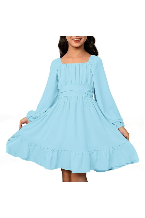 Dresses for Girls 10-12 Short Girls Dresses Casual Long Sleeve Backless Dress with Waist Tie for Outdoor Summer Spring Fall Dresses for Girls 8-10 Winter Light Blue Size 14-15 Years
