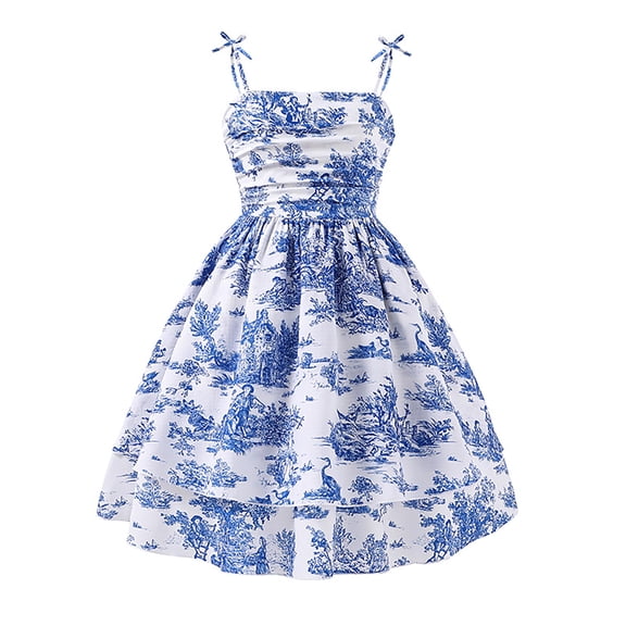 XEGLSBU Dresses for Girls 12-14 Prom Elegant Floral Print Girls Dress Shoulder Straps for Summer Wear Comfortable Flowy Party Gown for Big Kids Blue Size 8-9 Years