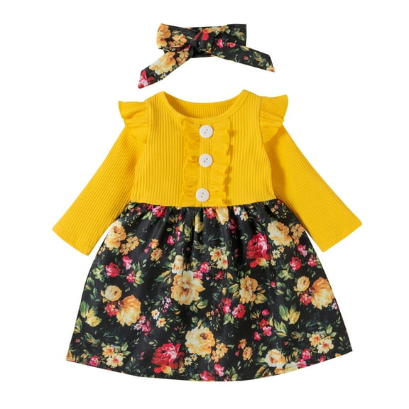 XEGLSBU Dresses for Girls 4-6 Fall Toddler Kid Baby Girls Ribbed Ruffled Splice Floral Leopard Party Princess Dress Girls Dresses Size 8 Fall Yellow Size 2-3 Years
