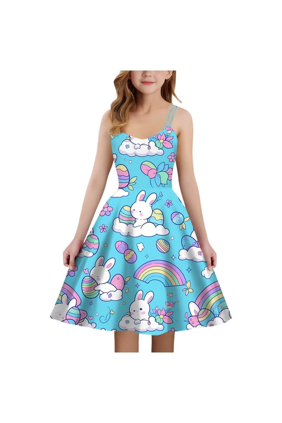 Dresses for Girls 5-6 Fancy Easter Print Girls Sleeveless Dress with Back Elastic Zipper for Casual Outdoor Daily Wear Sky Blue Size 7-8 Years