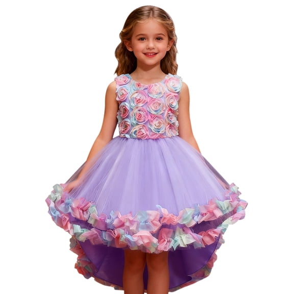 XEGLSBU Dresses for Girls 12-14 Blue Girls Sleeveless Floral Dress Layered Party Tutu Skirt for Celebration Purple Size 9-10 Years