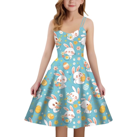 XEGLSBU Dresses for Girls 5-6 Years Old Easter Print Girls Sleeveless Dress Back Elastic Zipper for Casual Daily Wear (Light Blue-A Size 13-14 Years)