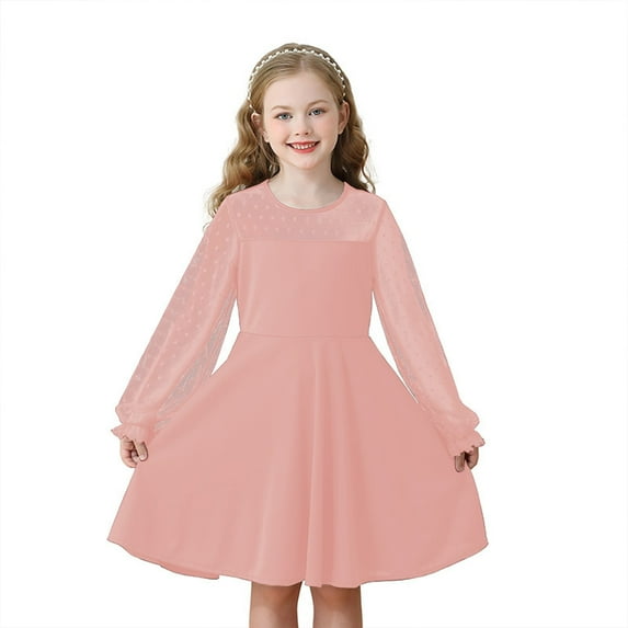 XEGLSBU Dresses for Girls 6-7 Girls Lace Long Sleeve Solid Color Cute Dress for Ages 6 15 Girls Dresses Size 10-12 Size 14-15 Years