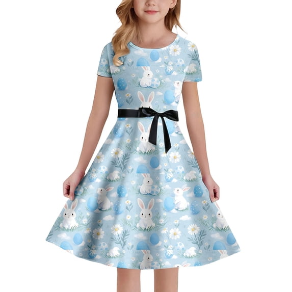 XEGLSBU Dresses for Girls Sparkly Easter Print Girls Sleeveless Dress Back Elastic Zipper for Casual Outdoor Daily Wear (Sky Blue-C Size 13-14 Years)