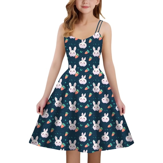 XEGLSBU Dresses for Girls for Easter Print Girls Sleeveless Dress Back Elastic Zipper for Casual Outdoor Daily Wear (a-Navy Size 11-12 Years)