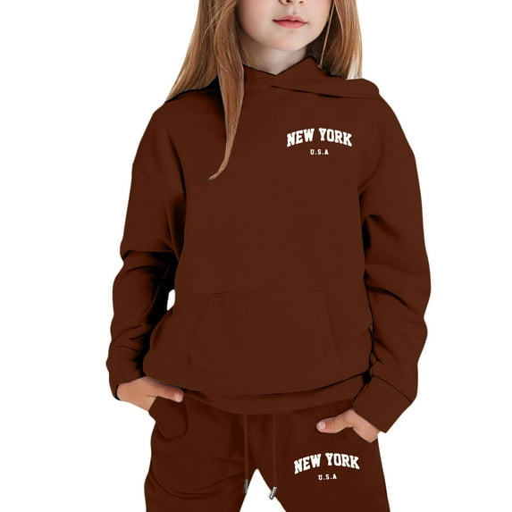 XEGLSBU Fall Outfits for Girls 10-12 City Graphic Hoodie and Jogger for Girls Cute Casual Two Piece Outfit with Letter Print Top and Pants Fall Outfits for Girls 10-12 2025 Brown Size 9-10 Years