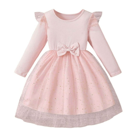 XEGLSBU Flower Girl Dress 5T Long Sleeve Girls Long Sleeve Bow Dress with Skirt Autumn Party Gown for Toddler Baby Pink Size 3-4 Years