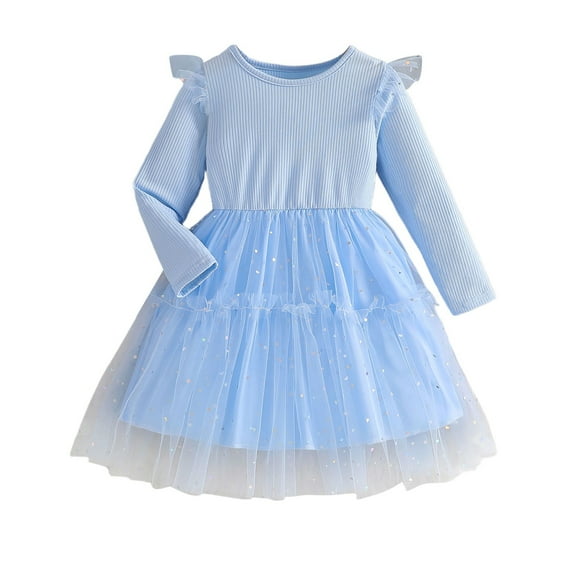 XEGLSBU Flower Girl Dress Girls Long Sleeve Party Dress with Skirt Fashion Gown for and Autumns Blue Size 7-8 Years