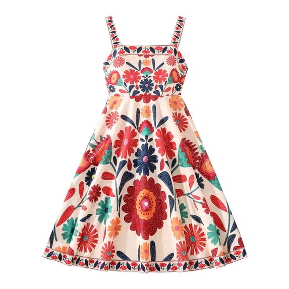 XEGLSBU Flower Girl Dress Kids Girls Summer Strap Dress Floral Print Sleeveless Ruffle Boho Party Dress Red Size 9-10 Years