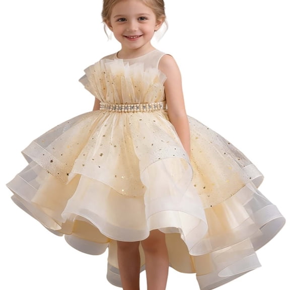 XEGLSBU Flower Girl Dress Long Sleeve Pink Girls Dress Puffy Gown Sleeveless Gown with Train for Pageant Performance Recital Party Beige Size 11-12 Years