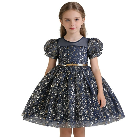 XEGLSBU Flower Girl Dress Toddler Dress for Girls Tutu Gown with Sleeves for Birthday Party Pageant Performance And Navy Size 7-8 Years