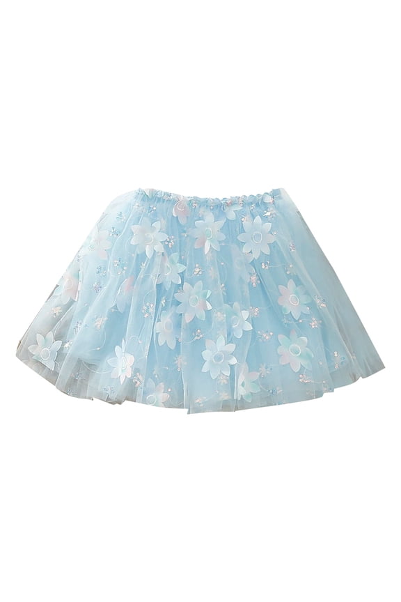 Flower Girl Dress Toddler Long Sleeve Girls Tutu Skirt with Colorful Petal Sequins Embroidery Flowy Mesh Layered Ballet Dance Skirt for Kids Sky Blue Size 4-5 Years