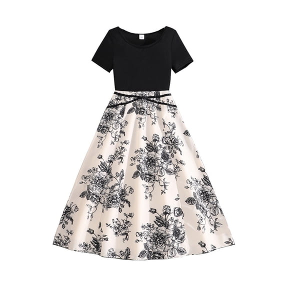XEGLSBU Flower Girl Dresses for Wedding Toddler 2T Kids Girls Floral Print Dress Short Sleeve Summer Casual Party Wear for Teen Black Size 7-8 Years