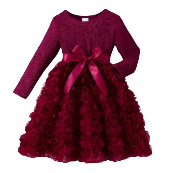 XEGLSBU Girl's Dresses Size 12 Elegant Girls Solid Color Dress with Rose Pattern Floral Design for and Daily Wear Wine Size 5-6 Years