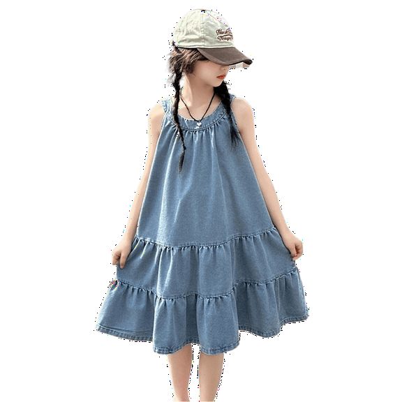 XEGLSBU Girl's Dresses Sleeveless Jean Dress for Teen Girls Ruffle Tiered Swing A-Line Cute Midi Casual Straps Dress Blue Size 13-14 Years