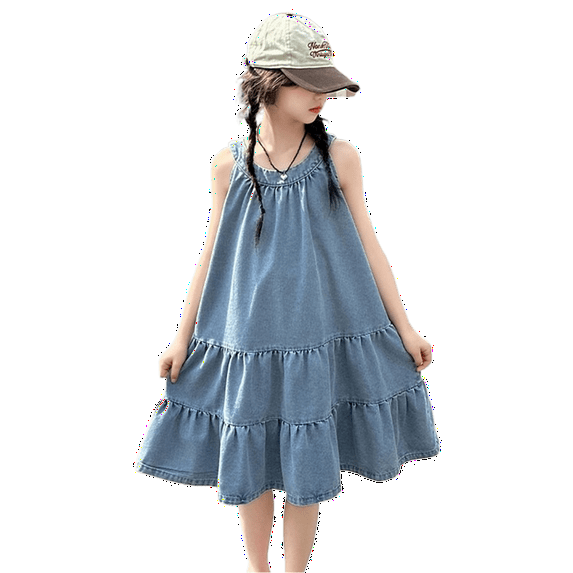XEGLSBU Girl's Dresses Sleeveless Jean Dress for Teen Girls Ruffle Tiered Swing A-Line Cute Midi Casual Straps Dress Blue Size 13-14 Years