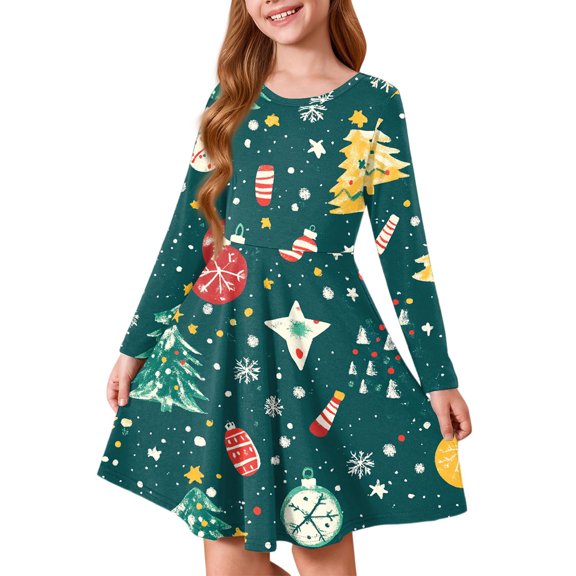 XEGLSBU Girls Christmas Dress Size 14-16 Girls' Printed Dress Girls Christmas Dress Size 8-10 d-Green Size 7-8 Years