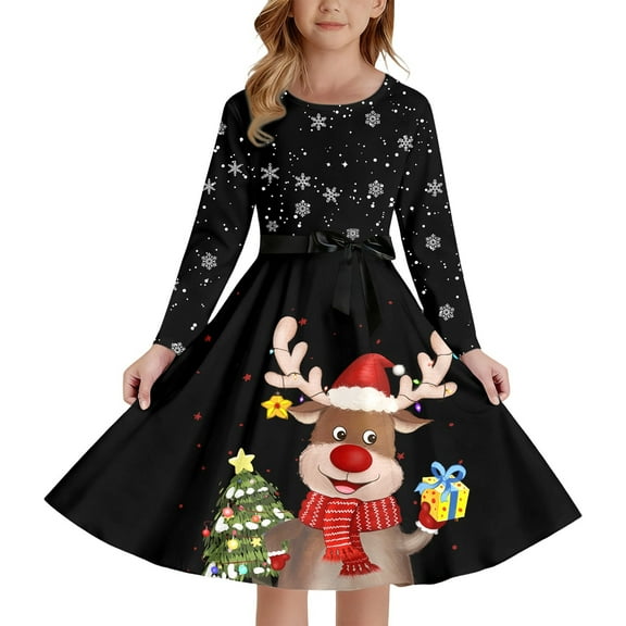 XEGLSBU Girls Christmas Dress Size 8-9 Style Girls Print Party Dress with Lace up Front Long Sleeves and Back Elastic Zipper for Holiday Festive Pageant Gown B-Black Size 9-10 Years