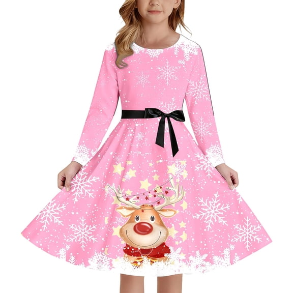 XEGLSBU Girls Christmas Dress Size 8 Red Style Girls Print Party Dress with Lace up Front Long Sleeves and Back Elastic Zipper for Holiday Festive Pageant Gown Pink Size 11-12 Years